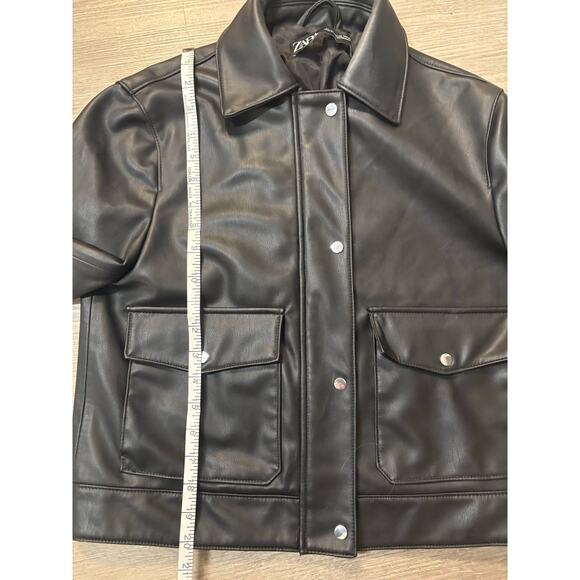 Zara Faux Black Leather Boxy Bomber Jacket XS Motorcycle Moto Biker Cropped - Picture 5 of 10